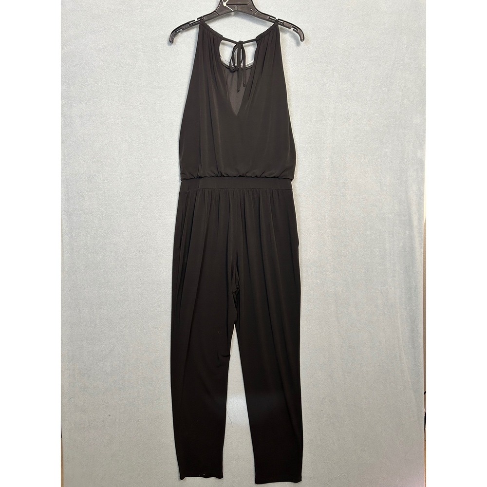 White House Black Market Womens Halter Jumpsuit Black Silver Ring Detail Size 10 - Picture 8 of 9